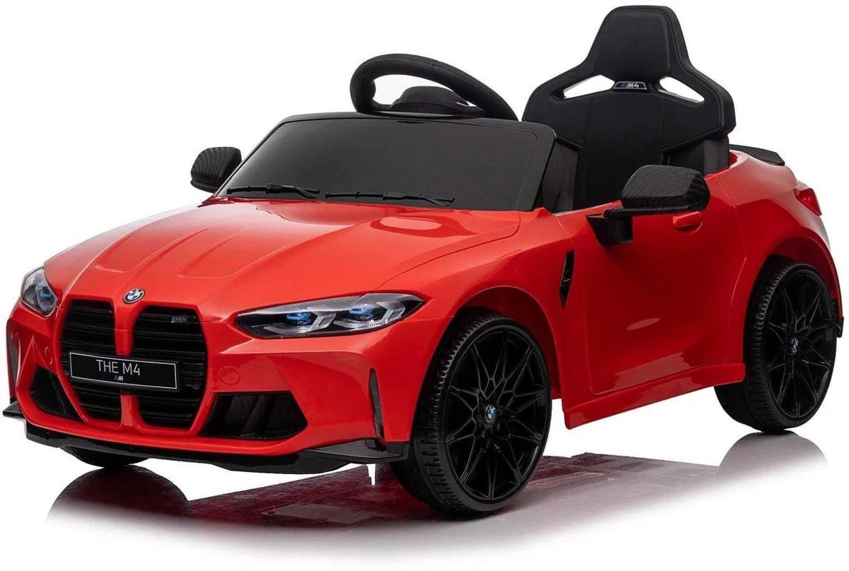 Elektrische kinderauto BMW M4 12V | auto voor kinderen met Rubberen banden, Lerenzitje, Bluetooth afstandsbediening (Rood)